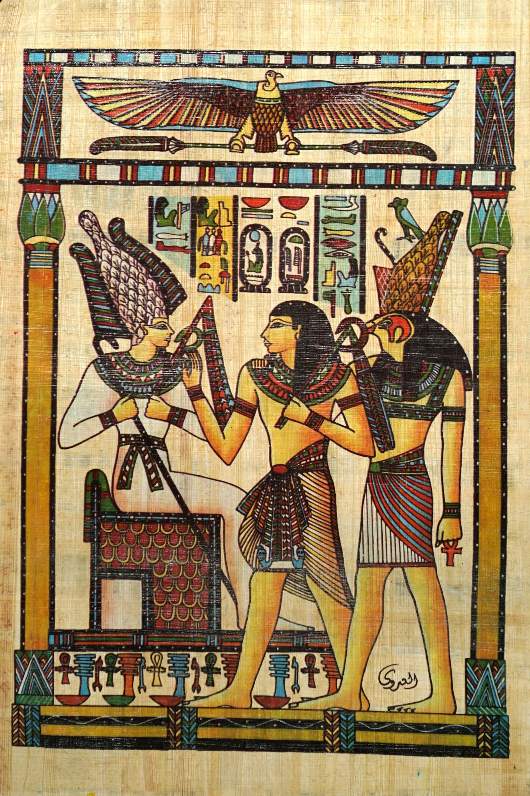 papayrus painting depicting Horus, Ramesses and Osiris