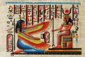 papayrus painting depicting Winged Maat Paying Tribute to Hathor