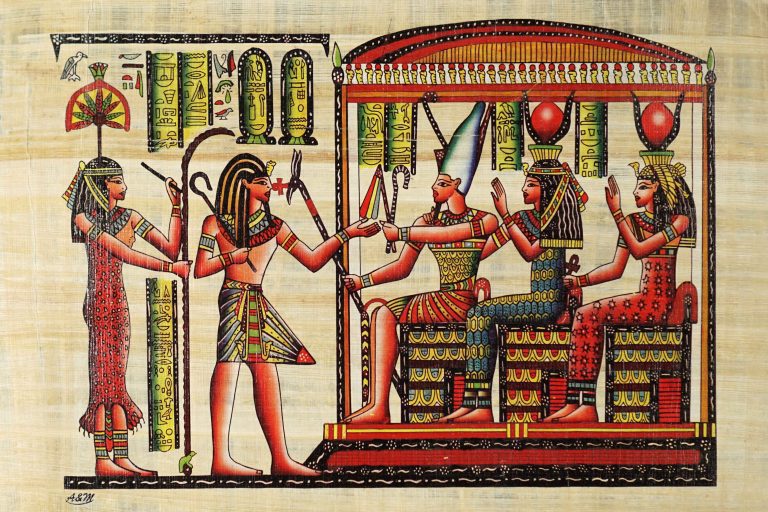 papayrus painting depicting Seshat, Hathor, Isis, Osiris