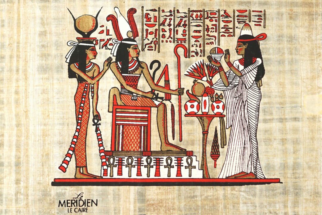 papayrus painting depicting Horus, Ramesses and Osiris